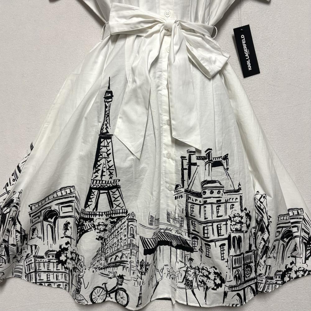NWT KARL LAGERFELD PARIS Tie-waist Paris Border Dress, White Multi, 6, $169 - Picture 5 of 14